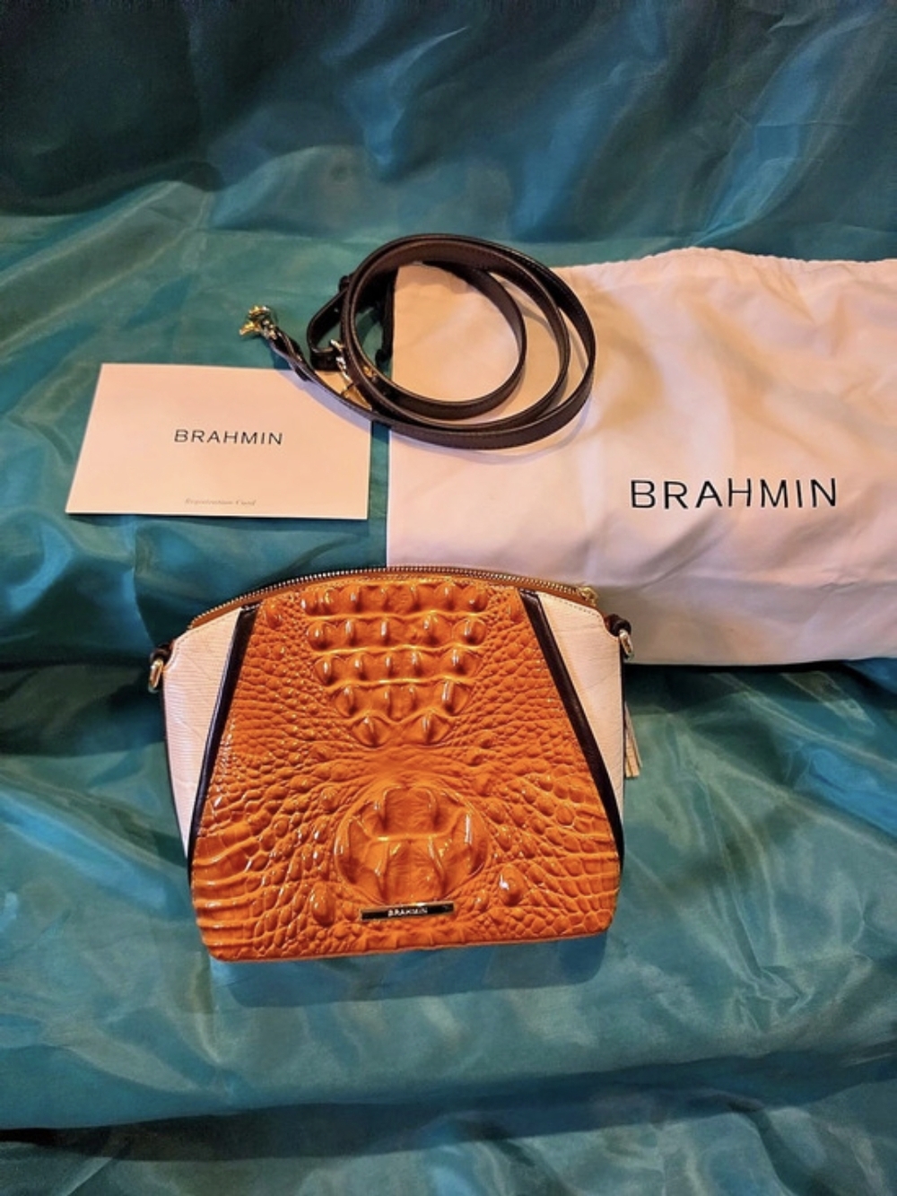 Brahmin Asher Satchel Crossbody Bag in Brown & White Like New